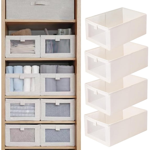 Hengguang 4 Pack Linen Storage Bins Beige 16 in x 11 in x 7 in with Clear Window for Closet