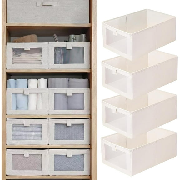 Hengguang 4 Pack Linen Storage Bins, Pantry Organizers & Storage Containers, Linen Containers with Handle for Kitchen, Freezer, Cabinet, Closet, Bathroom Under Sink Storage