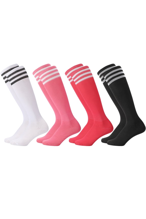 4 Pairs Kids Soccer Socks, Over Knee Kids Football Socks, Breathable Long Football Sports Socks for Kids Boys Girls Youth Junior Running, Training, Rugby, Hockey