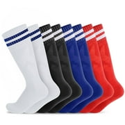 Hengguang 4 Pairs Kids Soccer Socks, Unisex Anti-slip Breathable Kids Over Knee Soccer Socks, Towel Bottom Football Socks for Children Aged 5-12 to Playing Sports(White, Blue, Red, Black)