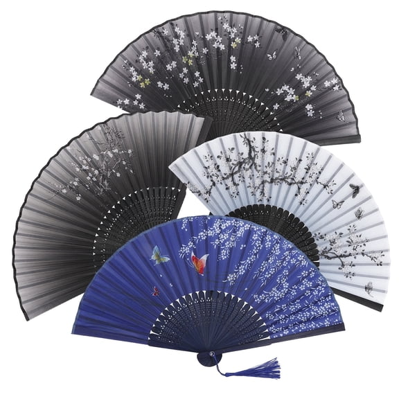 Hengguang 4Pcs Handheld Folding Fan, Line Dancing Fans, Oriental Folding Fan for Ladies, Floral Pattern Hand Held Fans Silk Fans with Tassel, Hollowed Hand Holding Fans for Women
