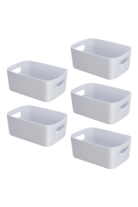5 Pack Plastic Storage Boxes, Grey Storage Baskets Home Tidy Open Storage Bins with Handles, Rectangular Storage Basket for Kitchen, Cupboard, Office, Bathroom