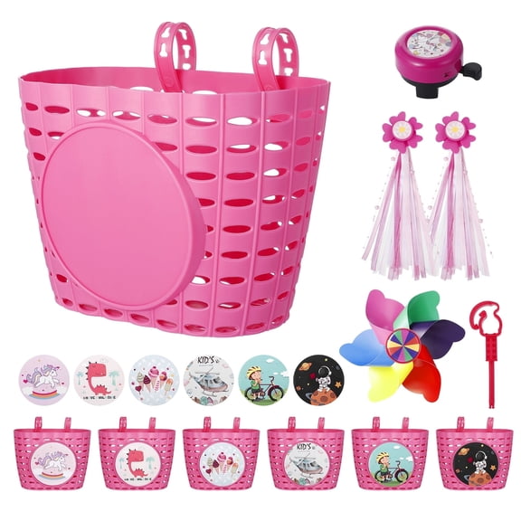 Hengguang 6 Pcs Girls Bike Basket Set, Bicycle Decorations Kit with Removable Basket, Streamers, Bell, Pinwheel and Stickers, Easy Install Handlebar Accessories for Boys Girls Kids, Pink
