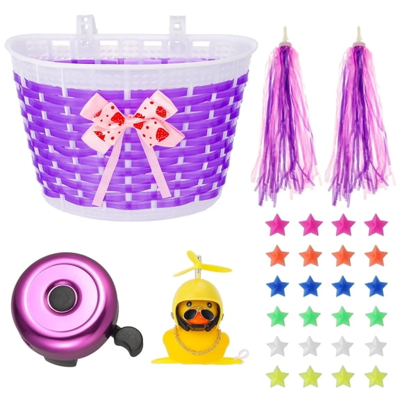 Hengguang 5Pcs Girl's Bicycle Basket Streamers Set, Kid's Bicycle Basket, Bike Bell and Star Shaped Beads for Girls and Boys Bike Basket Front Decoration