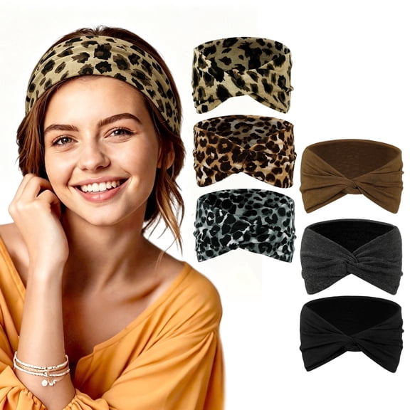 Hengguang 6 Pack Women's Boho Leopard Print Wide Sport Headbands, Non-Slip Elastic Yoga Headbands for Running & Gym, 6 Colors Sweat-Wicking Workout Stretch Hair Bands, 7.9" x 3.9"