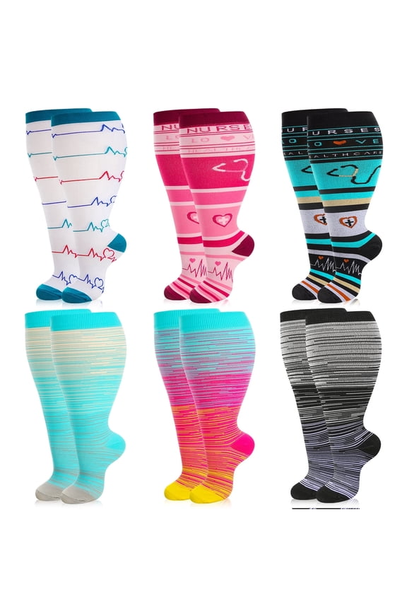 6 Pairs Compression Socks for Women Plus Size, Wide Calf 20-30 mmHg, Extra Wide Support Stockings for Swelling Relief, All-Day Comfort