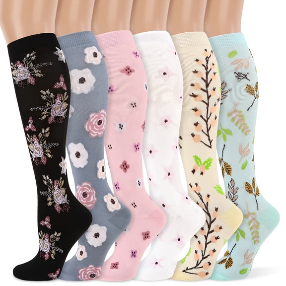 Hengguang 6 Pairs L/XL Size Compression Socks, 15-20 mmHg Knee High Socks, Floral Support Stockings for Nurse, Pregnancy, Sports & Travel