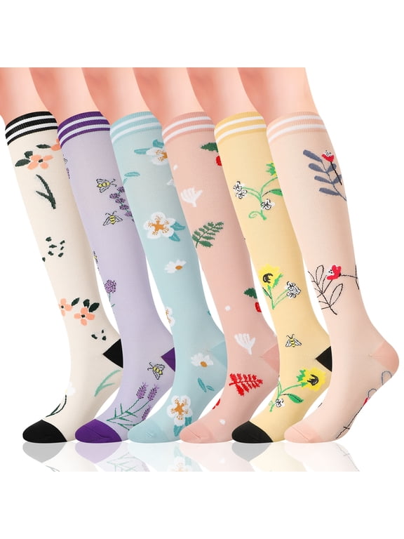 6 Pairs L/XL Size Compression Socks for Women, 20-30 mmHg Non-Slip Support Stockings, Cute Floral Knee High Long Socks for Running, Cycling, Flying, Pregnancy, Nurse