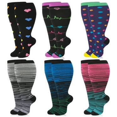 Hengguang 6 Pairs Plus Size Compression Socks for Women Men, Extra Wide Calf 20-30 mmhg 14.8 inches High Compression Stockings for Circulation Swelling Support, 2XL
