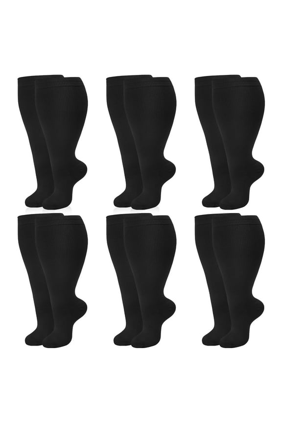 6 Pairs Plus Size Compression Socks for Women Men, Extra Wide Calf 20-30 mmHg 14.8 Inches, Solid Black Swelling Comfort Socks