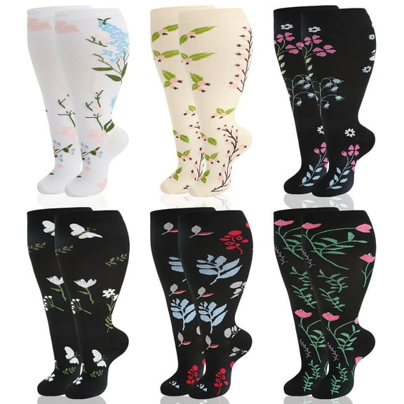 Hengguang 6 Pairs Plus Size Compression Socks for Women Men, Extra Wide Calf 20-30 mmHg 14.8 Inches, Floral Swelling Comfort Socks