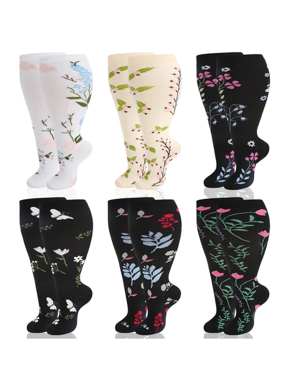 6 Pairs Plus Size Compression Socks for Women Men, Extra Wide Calf High Compression Socks 20-30 mmhg 14.8 inches Leg Compression Sleeves for Circulation Swelling Support, 3XL