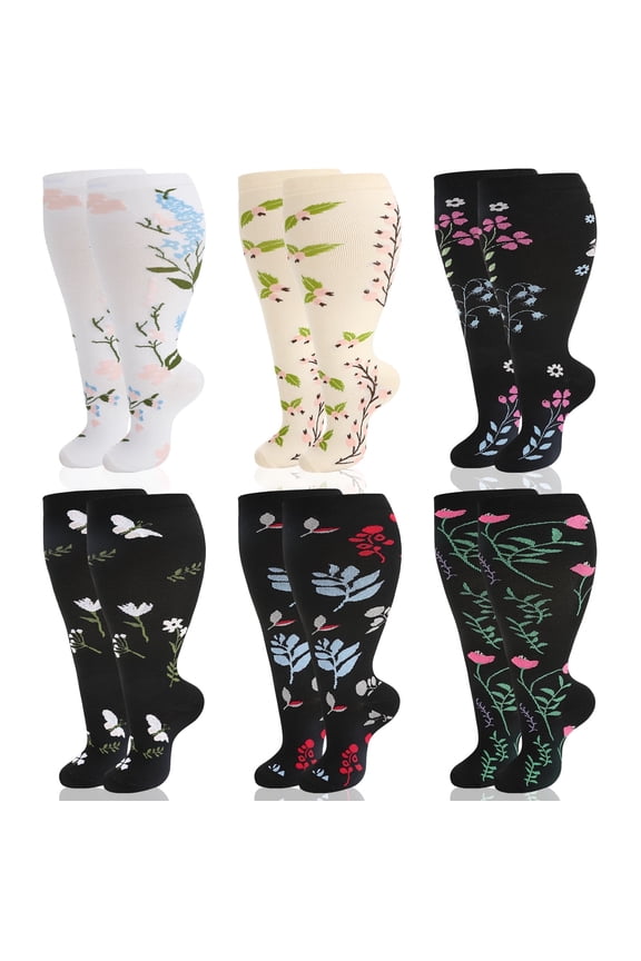 6 Pairs Plus Size Compression Socks for Women Men, Extra Wide Calf 20-30 mmHg 14.8 Inches, Floral Swelling Comfort Socks
