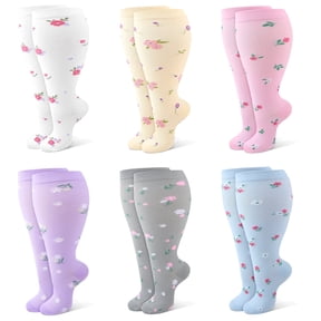 Hengguang 6 Pairs Plus Size Compression Socks for Women, Wide Calf Extra Large 15-20 mmHg Knee High Sock for Nurses Pregnant Travel