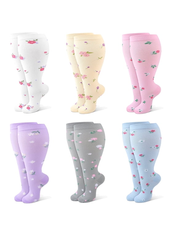 6 Pairs Plus Size Compression Socks for Women, Wide Calf Extra Large 15-20 mmHg Knee High Sock for Nurses Pregnant Travel