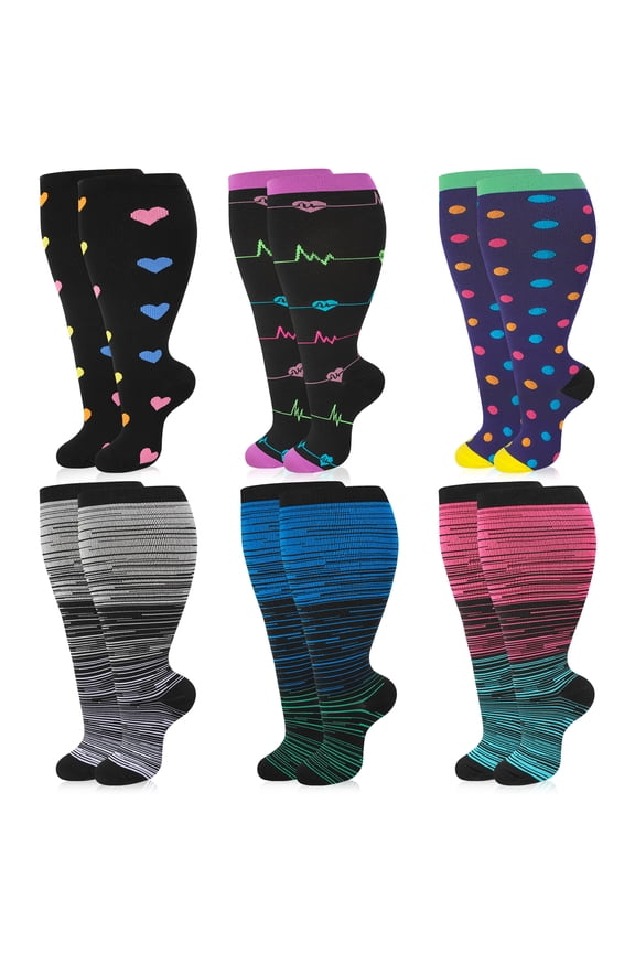 6 Pairs Plus Size Socks for Women Men, Funny Stripes and Heart Shape Extra Wide Calf Stockings 14.8 Inches, Compression Comfort Socks, 3XL