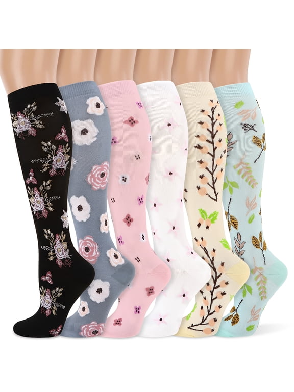 6 Pairs S/M Size Compression Socks, 15-20 mmHg Knee High Socks, Floral Support Stockings for Nurse, Pregnancy, Sports & Travel