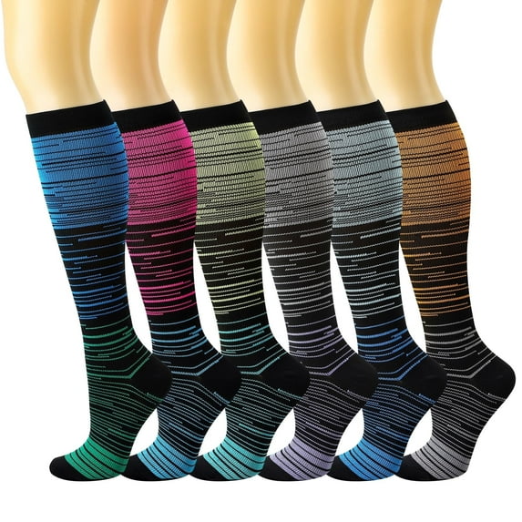 Hengguang 6 Pairs S/M Size of Compression Socks for Men and Women, Colourful Knee HighCompression Socks, Support Stockings for Running, Sports, Flight, Travel, Cycling