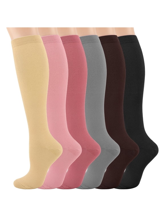 6 Pairs S/M Size Compression Socks for Women Men, 20-30 mmHg Non-Slip Knee High Socks - Circulation Support for Nurses, Travel, Running, Soccer