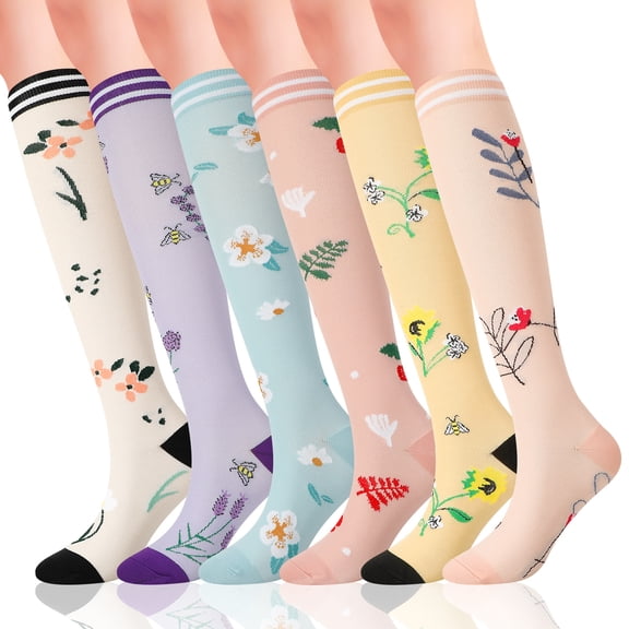 Hengguang 6 Pairs S/M Size Compression Socks for Women Men, 20-30 mmHg Non-Slip Support Stockings, Cute Floral Knee High Long Socks for Running, Cycling, Flying, Pregnancy, Nurse
