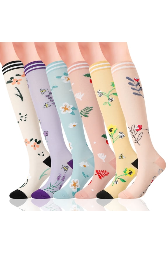 6 Pairs S/M Size Compression Socks for Women Men, 20-30 mmHg Non-Slip Support Stockings, Cute Floral Knee High Long Socks for Running, Cycling, Flying, Pregnancy, Nurse