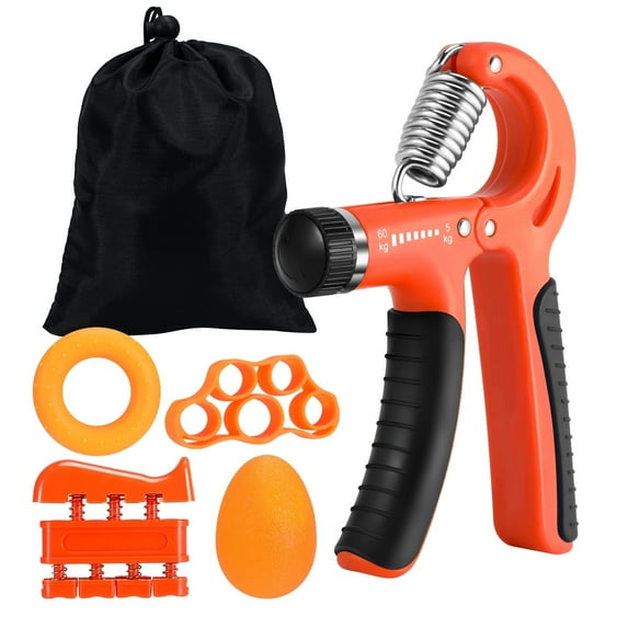 Hengguang 6Pcs Hand Grip Strengthener Kit, Hand Strength Exerciser, Adjustable Resistance 22 to 132lbs Hand Gripper,Finger Exerciser,Finger Stretcher,Grip Ring & Stress Relief Grip Ball(Orange)
