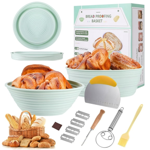 Hengguang 7Pcs Silicone Banneton Bread Proofing Baskets, 9.4Inch Round & 9.8Inch Oval Foldable Sourdough Baking Basket, Complete Set for Bread Making With Essential Tools, Easy to Clean and Storage