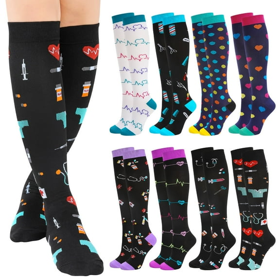 Hengguang 8 Pairs L/XL Size of Compression Socks for Men and Women, Colourful Knee High Compression Socks, Support Stockings for Running, Sports, Flight, Travel, Cycling