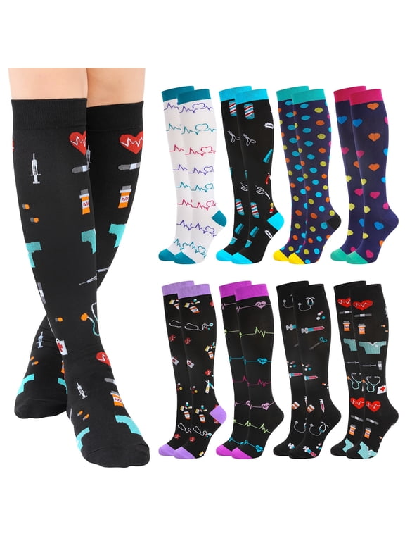 8 Pairs L/XL Size of Compression Socks for Men and Women, Colourful Knee High Compression Socks, Support Stockings for Running, Sports, Flight, Travel, Cycling