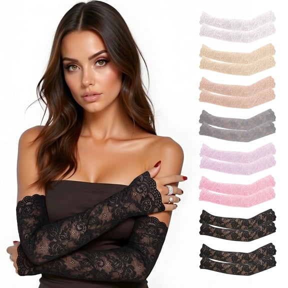 Hengguang 8 Pairs Women Lace Arm Sleeves, Fingerless Floral Elbow Length UV Protection Arm Covers for Daily Wedding Party