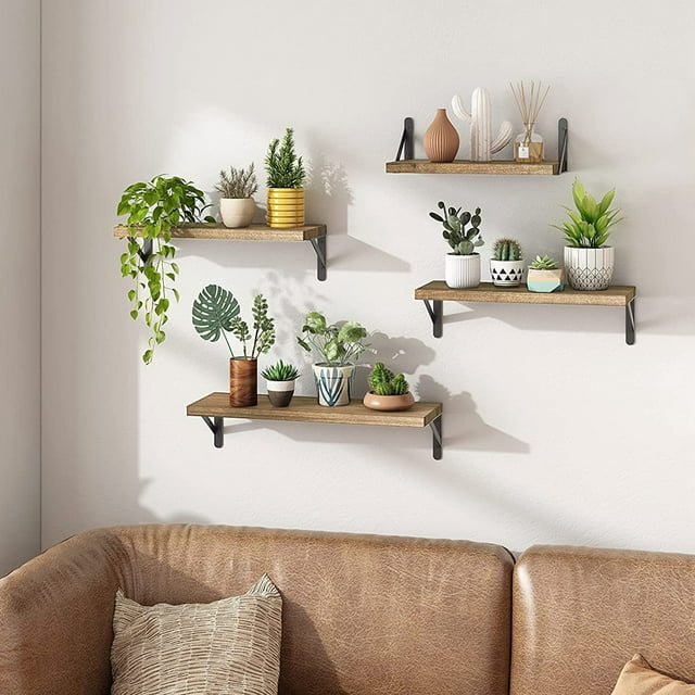 Hengguang Floating Shelves Wall Mounted Set of 4, Natural Wood Wall Shelves with Metal Brackets