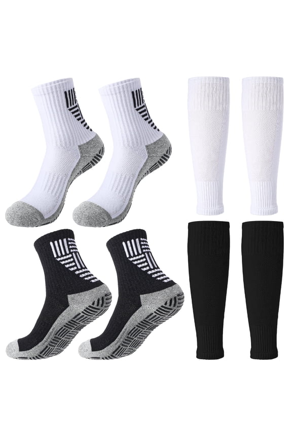 2-Pair Kids Grip Soccer Socks Set with 2 Shin Guard Sleeves, Non-Slip Silicone Socks for Boys Ages 5-12, Breathable Athletic Compression Football & Basketball Training Gear