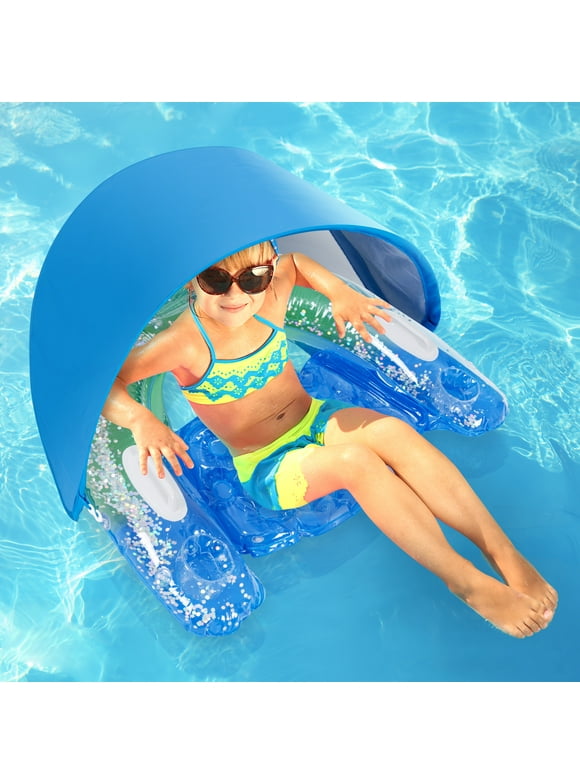 Hengguang Pool Float Chair for Kids, Inflatable Pool Loungers Floats with Canopy Cup Holders and Handles, Floating Pool Chair for Beach, Lake, Swimming Pool(Blue)