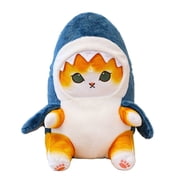 Hengshan Cute Shark Cat Plush Doll, Cat Wearing Shark Costume Stuffed Animal, Soft Fluffy Companion Plush, Birthday Christmas Gift & Room Decor Blue Yellow Face-Blue Yellow Face
