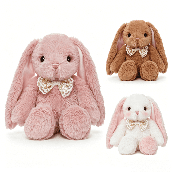 Hengshan Lop Ear Bunny Stuffed Animal, 9.8 Inch Cute Long Ear Rabbit Plush Toy with Elegant Lace Bow, Soft Fluffy Plush PP Cotton Filling, Kawaii Rabbit Plush Gift for Girls Kids Birthday Holiday