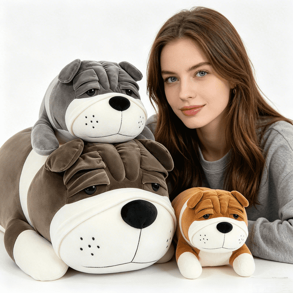 Hengshan Shar Pei Dog Plush Toy, Lying Down Bulldog Stuffed Animal Pillow, Cute Wrinkly Face Puppy Plush Doll, Soft Long Body Cuddle Buddy for Kids Adults, 4 Sizes & 2 Colors Available