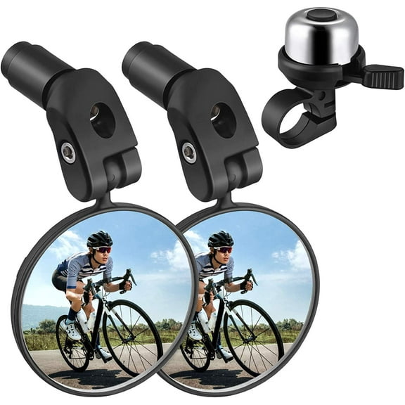 Hengswere 2 Pack Bike Mirror,Adjustable Rotatable Rear View Glass Convex Mirror Bicycle Mirrors,Handlebar Rear View Mirrors with Bike Bell