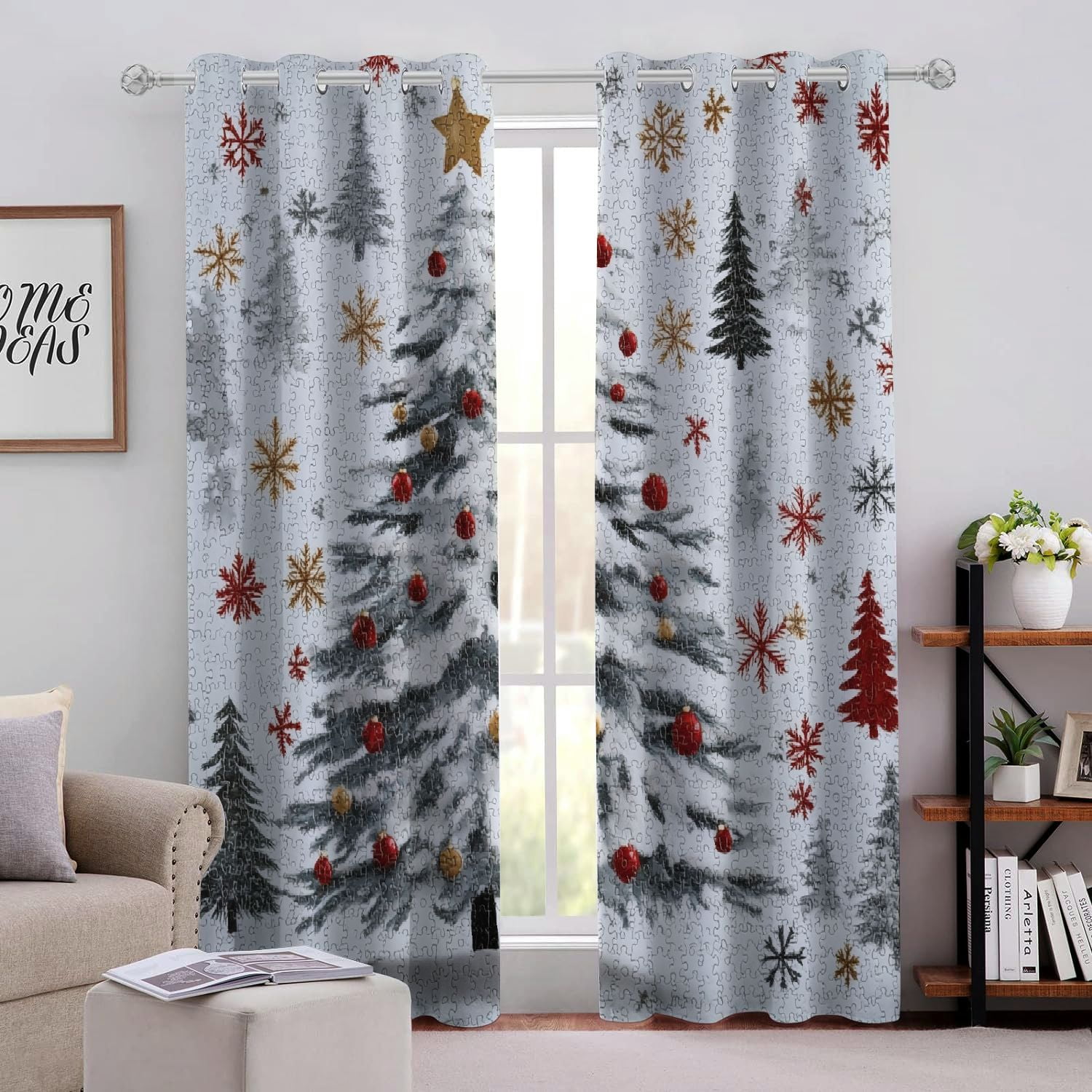 Hengt Christmas Tree Snowflakes Jigsaw Puzzle Perforated Blackout Curtains 2Pack Fashionable