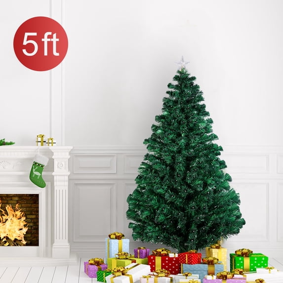 Hengu 5ft Pre-Lit Fiber Optic Artificial Christmas Tree with Multicolor LED Lights, Metal Stand Holiday Decoration