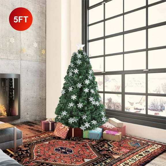 Hengu 5ft Pre-Lit Fiber Optic Artificial Christmas Tree with Multicolor Lights Snowflakes