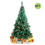 Hengu 6ft Unlit Flocked Hinged Artificial Christmas Pine Tree with Pine Cones & Red Berries