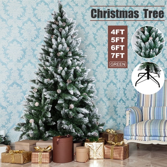 Hengu 7ft Snow Flocked PVC Hinged Artificial Christmas Tree with Pine Cones, Metal Stand