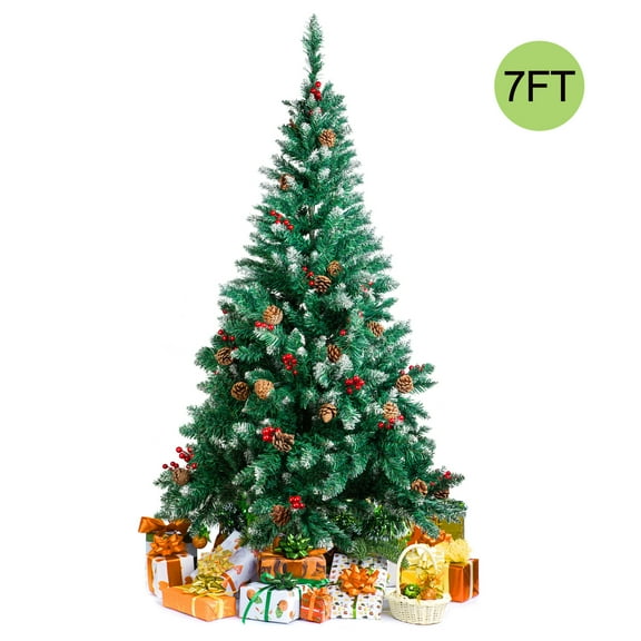 Hengu 7ft Unlit Flocked Hinged Artificial Christmas Pine Tree with Pine Cones & Red Berries