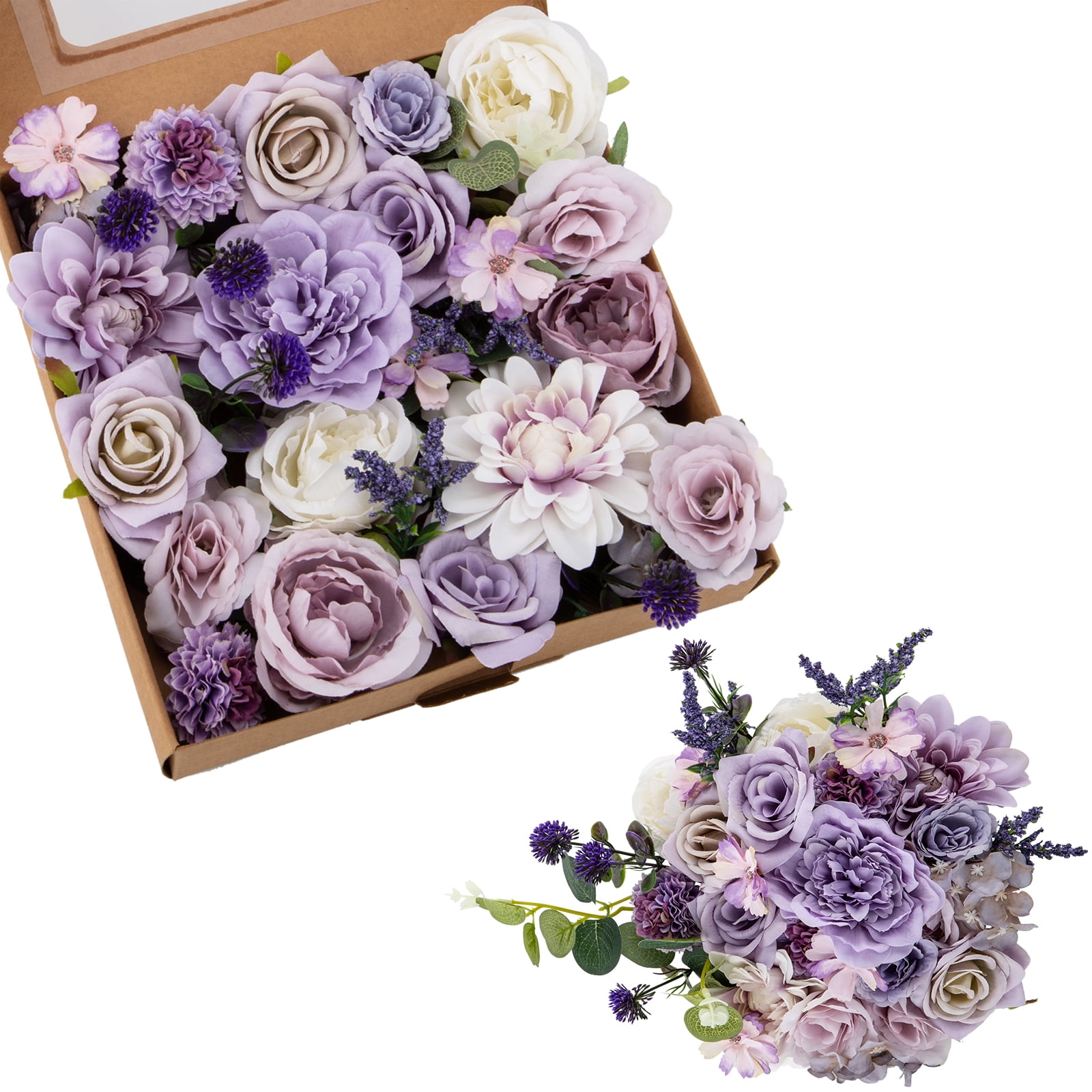 Hengu Artificial Flowers Combo Box Set, Purple Silk Faux Flowers Roses
