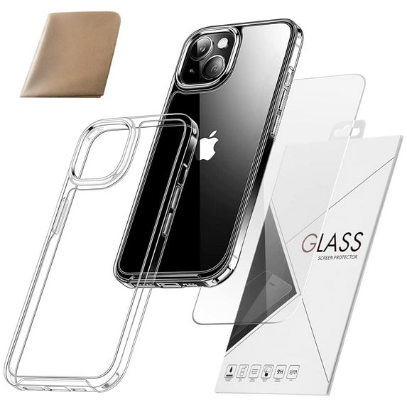 Hengu Shockproof Phone Case for iPhone 14 6.1 inch, Tempered Screen Protector & Cleaning Cloths, Crystal Clear