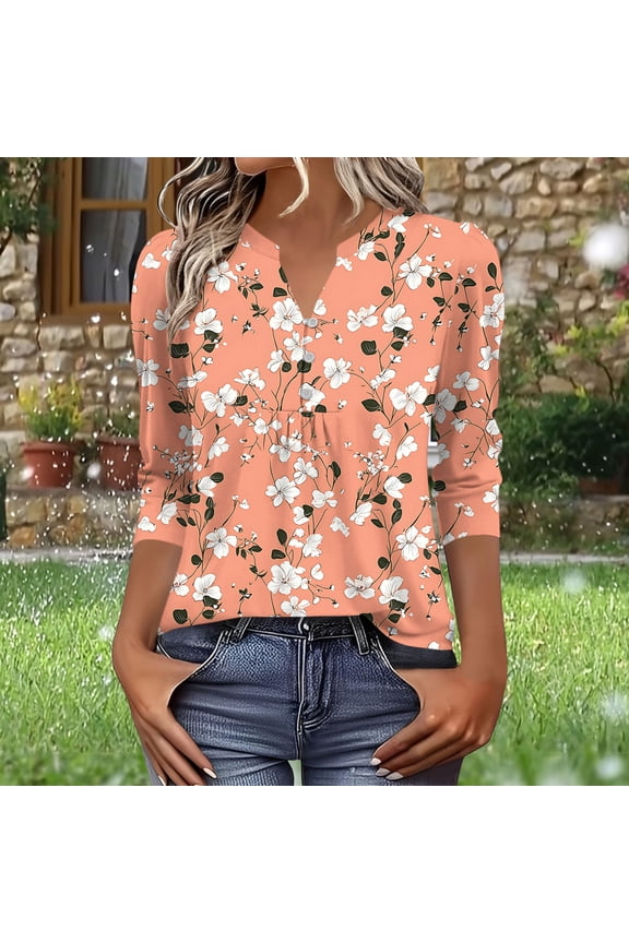 Henley Blouse for Women Dainty Floral Botanical Print V Neck Button Up Three Quarter Sleeve Gathered Front Relaxed Fit Elegant Office Workwear Top