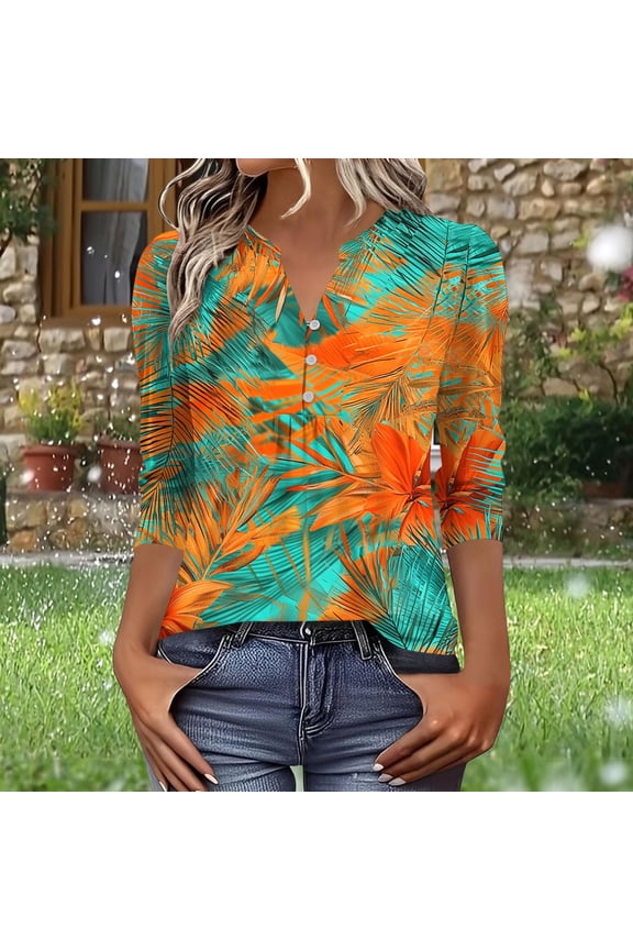 Henley Blouse for Women Tropical Leaf Floral Graphic V Neck Button Up Three Quarter Sleeve Pleated Front Relaxed Fit Casual Workwear Tunic Top
