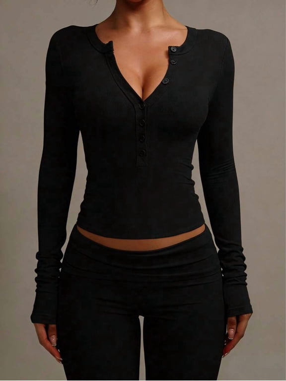 Henley Button Down Top for Women Long Sleeve Deep V-Neck Fitted Slim Ribbed Knit Basic Everyday
