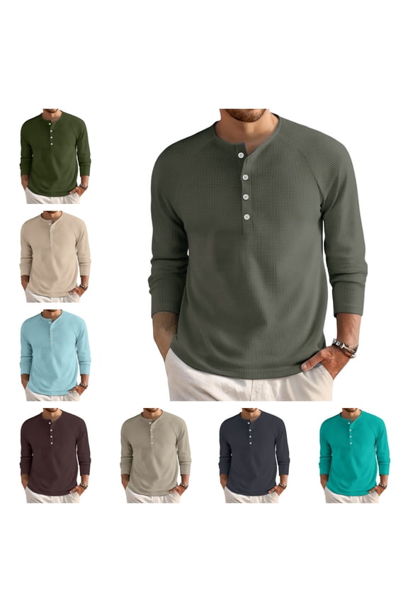 Henley Neck Waffle T-Shirts Men Casual Long Sleeve Button Up Ribbed Pullover Sweatshirts Tops Dark Gray 2XL