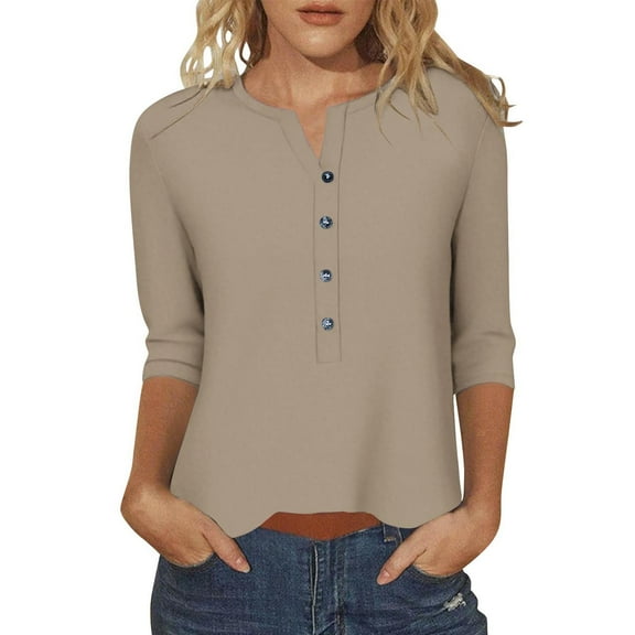 Henley Shirt for Women Casual Button Down V Neck 3/4 Sleeve T-Shirt Loose Fit Solid Color Basic Tee Tops